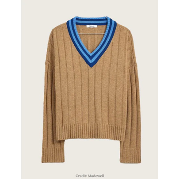 NEW Madewell Tipped Forrest V-Neck Sweater Heather Caramel Women's Size Small - Picture 6 of 8